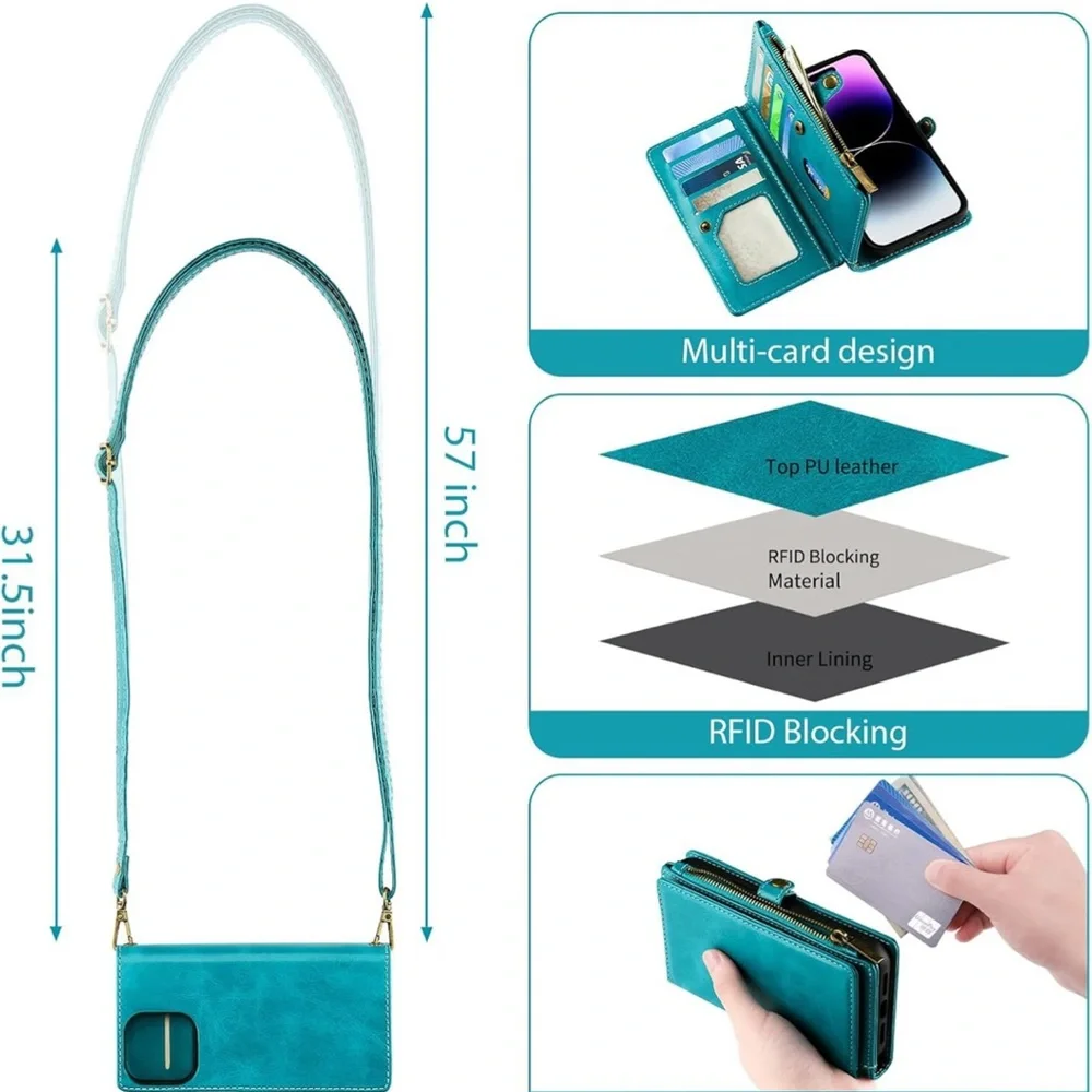 Teal Wallet Phone Case with Wrist Strap - Compatible Cell Phone Case